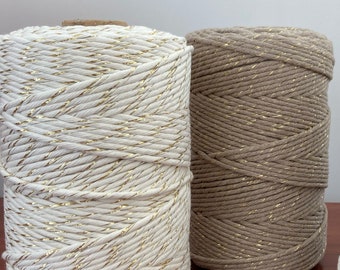 Cordón de algodón para macramé con alambre dorado de 3 mm 200 m (656,17 pies)/ Hilo de macramé metálico/ Cordón de una sola hebra para macramé de 3 mm/ Cordón de algodón/ Purpurina/