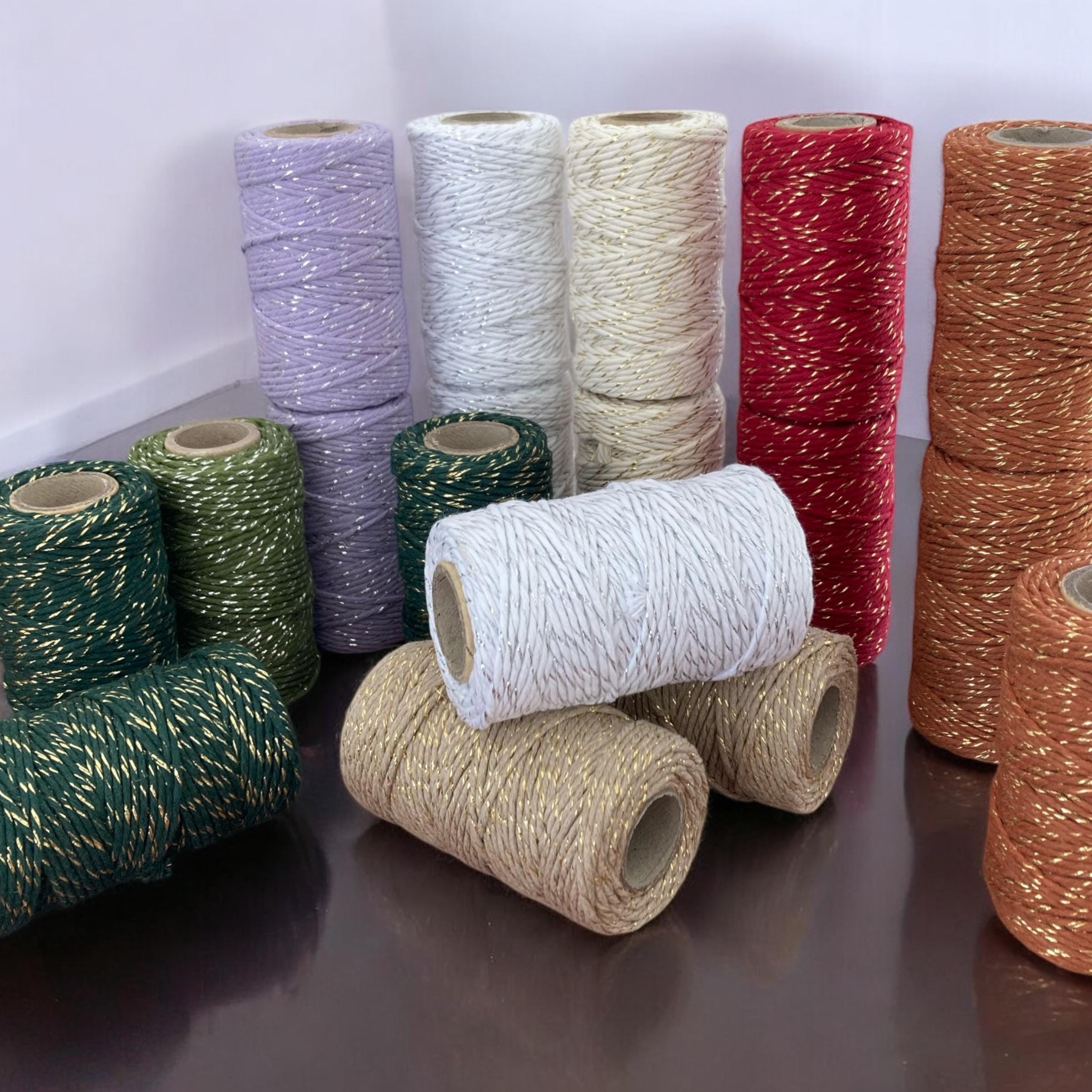 Cordón de algodón para macramé con hilo dorado 2 mm 45 m (147,64 ft), Set 2 unidades/ Colección Navidad Cordón de algodón con hilo dorado/Brillantina