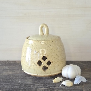 May include: A speckled, cream-colored ceramic garlic keeper with a lid and handle. The keeper has four decorative cut-out shapes and is next to a whole garlic bulb and cloves. The kitchenware is on a wooden surface.