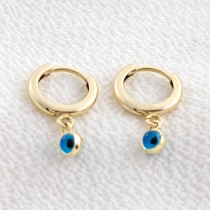 14K Solid Gold Dangle Evil Eye Earring, Minimalist Huggies Hoop Earring, 14k Tiny Huggies Hoop Earring, Evil Eye Girl Earring, 17mm Diameter