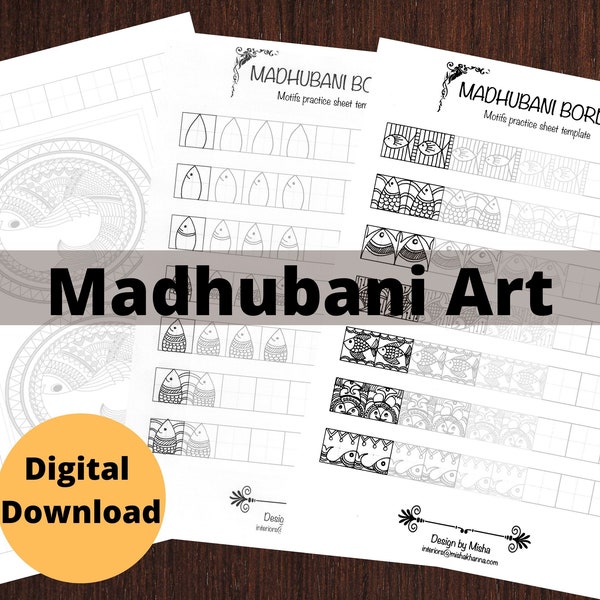 MADHUBANI ART, FISH Practice templates,Patterns training sheets paper, instant downloads, handmade, ornaments. art therapy.