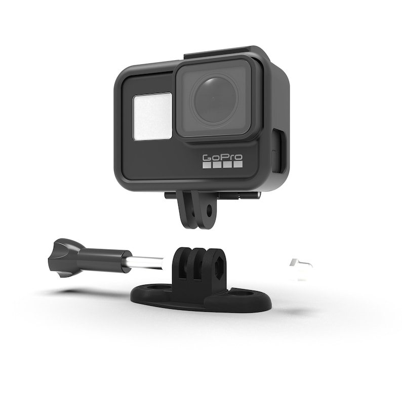 May include: A black GoPro action camera with a protective case attached to a black tripod mount. The camera has a small LCD screen on the back and a GoPro logo on the front.