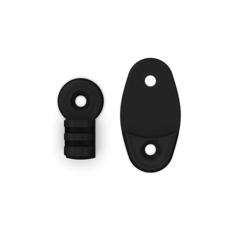 May include: Two black plastic pieces for mounting a camera or other device. One piece is a round base with a threaded hole and a cylindrical section with three ridges. The other piece is an oval-shaped plate with two holes.