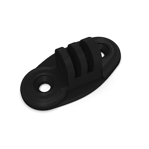 May include: Black plastic camera mount with a three-pronged GoPro mount and two holes for attaching to a surface.