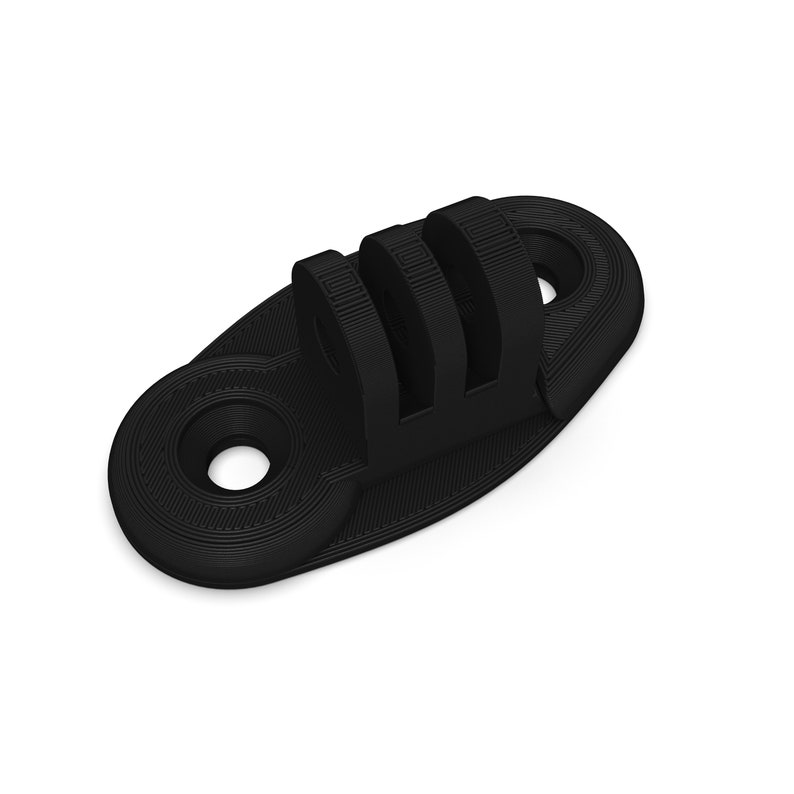 May include: Black plastic camera mount with a three-pronged GoPro mount and two holes for attaching to a surface.