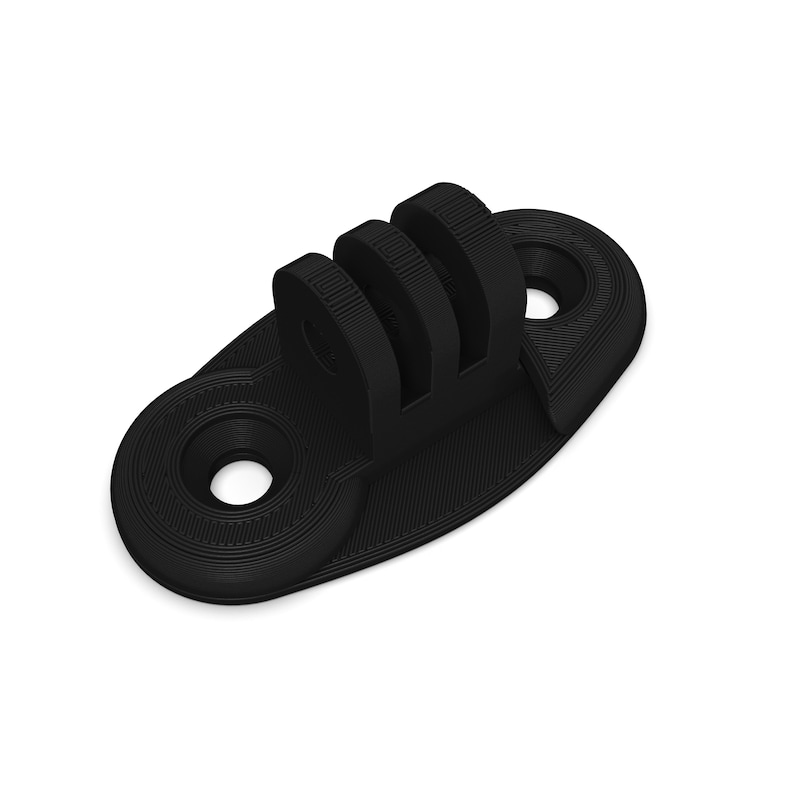 May include: Black plastic camera mount with two holes and a three-pronged GoPro mount.