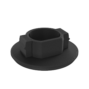 May include: A black 3D printed object with a circular base and a cylindrical center section. The object has a textured surface.