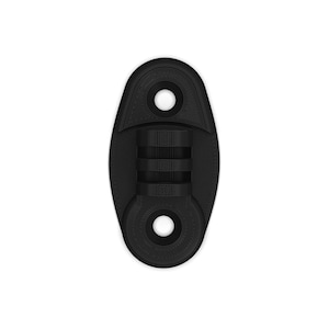 May include: Black plastic oval-shaped mounting bracket with two holes and a three-slot design.