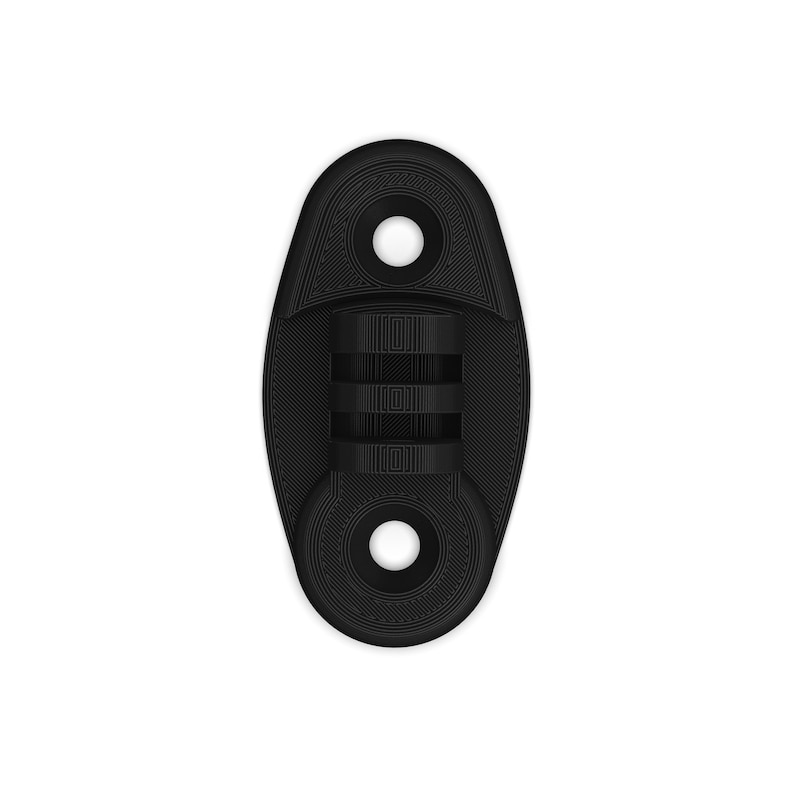 May include: Black plastic oval-shaped mounting bracket with two holes and a three-slot design.