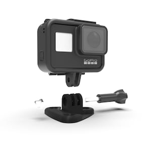 May include: A black GoPro camera with a protective housing, a black tripod mount, and a black screwdriver.