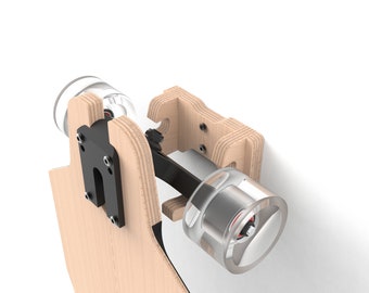 May include: A detailed view of a skateboard truck assembly, showing the wooden deck, black metal components, and clear wheels. The design highlights the mechanical structure and the connection points of the skateboard.