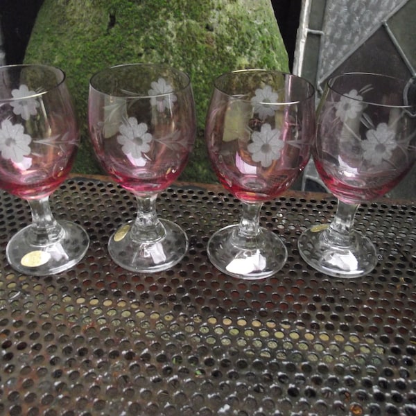 Cranberry Crystal Vintage 1930's / 1940's Bohemian Liqueur Glasses - Hand Etched Floral and Foliage Design