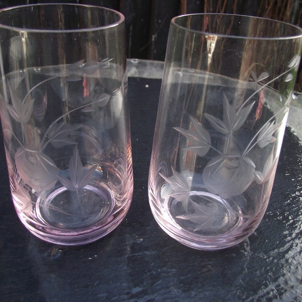 Pink Drinks Glasses - Pair Vintage 1950’s - Etched Roses Design
