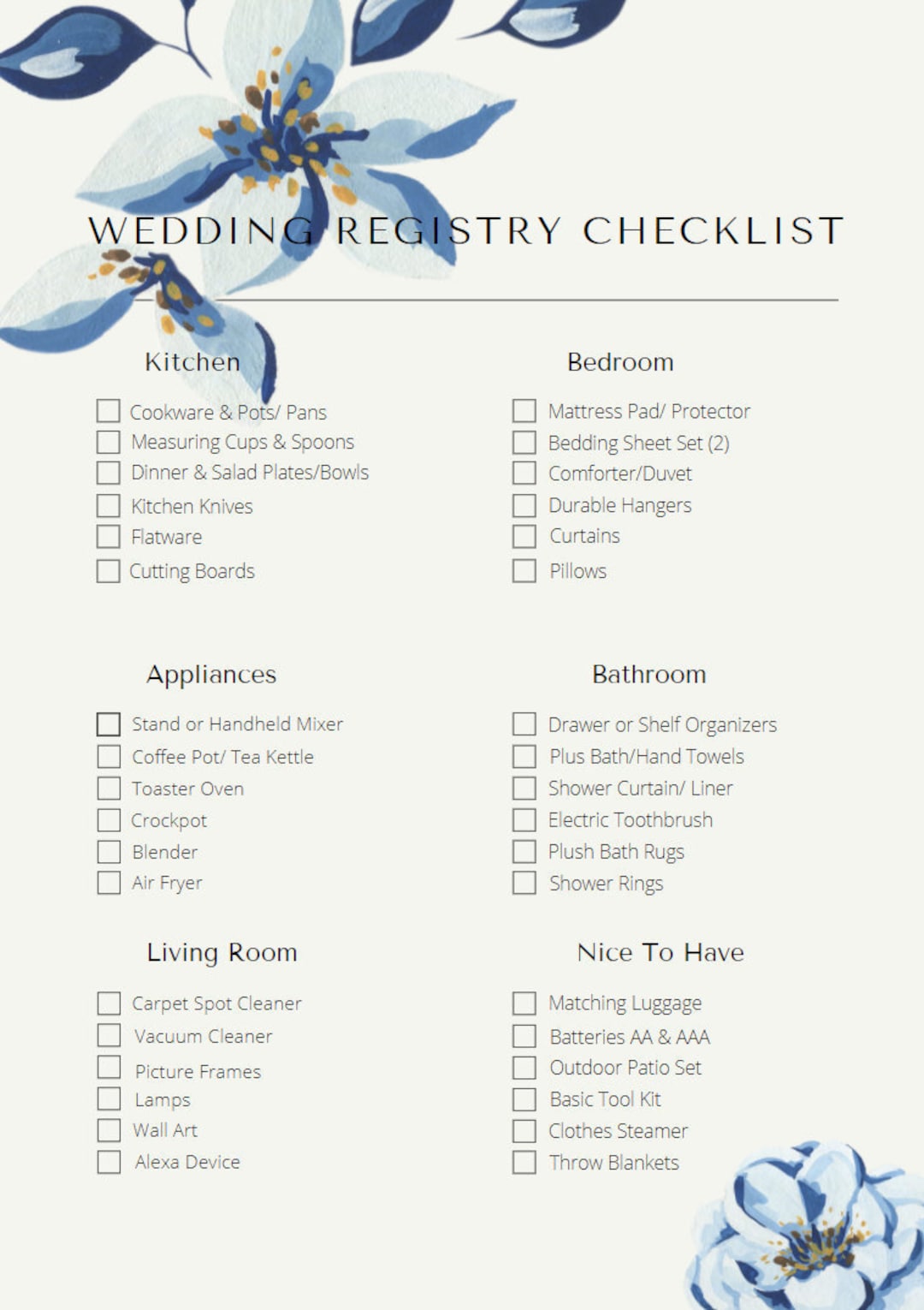 Wedding Registry Checklist Instant Download PDF Printable Etsy
