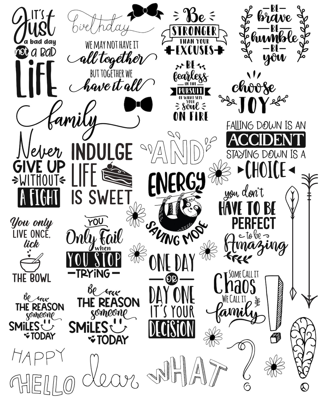 Black and White Digital Stickers Inspirational Quotes Etsy