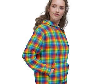 Rainbow Plaid Hooded Sweatshirt, Cozy Unisex Rainbow Tartan Hoodie for Fall and Winter