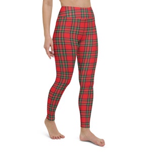 May include: Red and green plaid leggings with a high waist.