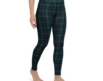 Leggings de tartán Black Watch, pantalones de yoga a cuadros preppy, regalo de estilo tradicional para ella, estética acogedora para otoño e invierno.