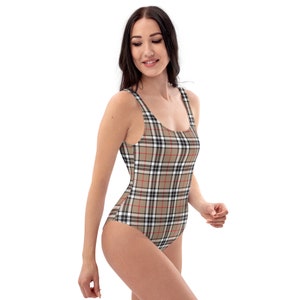 Thompson camel badpak uit één stuk, preppy badpak met Schotse ruit, badkleding voor dames
