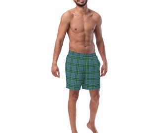 Ireland Blue Men's Swim Trunks, Preppy Plaid Bathing Suit, Irish Tartan Shorts for Summer and Resort Wear