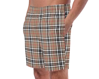 Thompson Camel Men&#39;s Swim Trunks, Tartan Plaid Shorts, Preppy Summer Clothing for Men