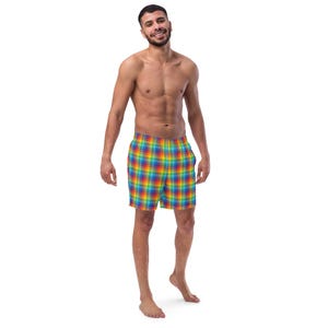 Op de afbeelding: Regenboog plaid zwembroek. De shorts hebben een levendig patroon van rode, oranje, gele, groene, blauwe en paarse vierkanten. De zwembroek heeft een elastische tailleband en een relaxte pasvorm. Het model staat op een witte achtergrond.