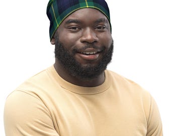 Gorro xadrez Gordon, gorro folgado xadrez verde e azul, acessório de cabeça de clã escocês, gorro de tricô aconchegante para o inverno, presente xadrez preppy