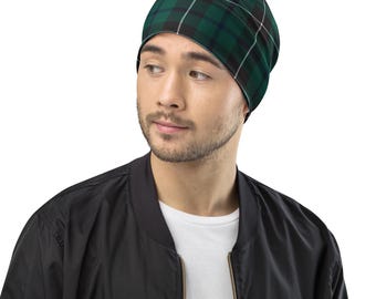 Douglas Tartan Beanie, Green and Black Plaid Winter Hat, Scottish Heritage Knit Cap, Warm Cozy Fall Beanie, Highland Gift for Him or Her