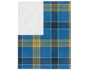 Laing Tartan Throw Blanket, Blue and Yellow Plaid Velveteen Fleece Throw, Scottish Heritage Home Decor, Cozy Gift for Holidays