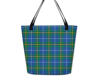 Nova Scotia Tartan Tote Bag, Scottish Plaid Carryall, Blue Green Yellow Tartan Weekender, Travel Tote, Reusable Shopping Bag