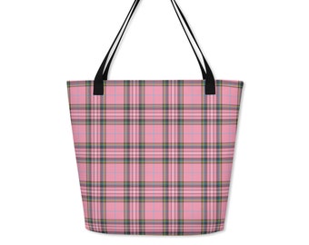 Bolso tote Stewart rosa tartán, bolso de mano estilo preppy a cuadros, bolso de hombro para uso diario, regalo de viaje para ella, lindo regalo de San Valentín