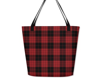 MacLeod Black and Red Tote, Scottish Tartan Shopping Bag, Holiday Plaid Travel Gift