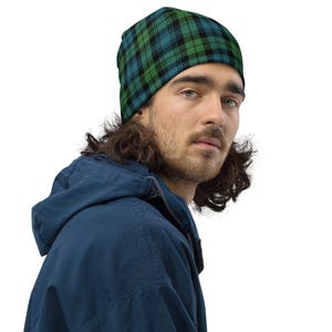 Black Watch Tartan Beanie, Scottish Plaid Winter Hat, Watchman’s Cap, Knit Plaid Beanie