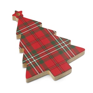 May include: A wooden Christmas tree ornament with a red and green plaid pattern. The ornament has a star on top and is made of wood.