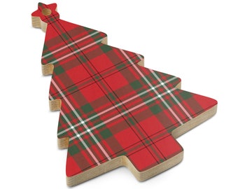 May include: A wooden Christmas tree ornament with a red and green plaid pattern. The ornament has a star on top and is made of wood.
