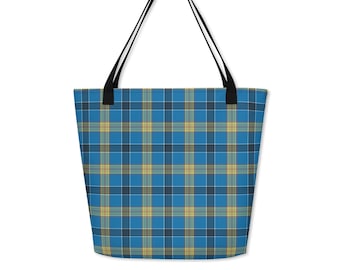 Bolso tote Laing de tartán, bolso de hombro a cuadros escoceses azules y amarillos, reutilizable, para viajes y compras.