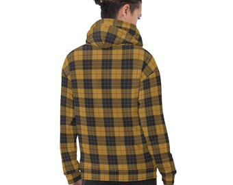 May include: A yellow, black, and red plaid hoodie with a drawstring hood.