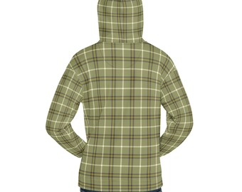 May include: A green and white plaid hoodie with a hood. The hoodie has a zipper closure and long sleeves.