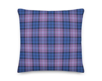 May include: A blue and purple plaid throw pillow with a square shape.