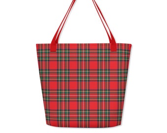 Royal Stewart Tote Bag, Scottish Tartan Carryall, Holiday Plaid Weekender Bag