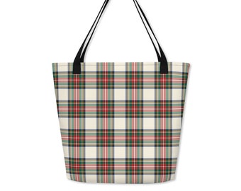 Stewart Dress Tote Bag, Scottish Tartan Carryall, Holiday Plaid Weekender Bag