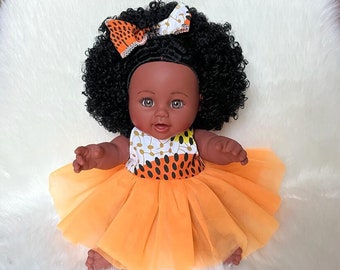 30cm Black African Doll | Orange Tulle Dress | African Wax Print Bodice | Christmas/Birthday Gift for Girls