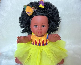 Black African Doll 30cm | Yellow Tulle Dress | Afro Hair | Vinyl Doll for Girl | Birthday Christmas Gift