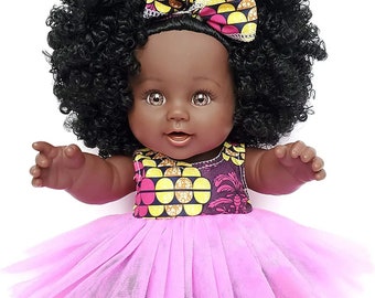 Zwarte Afrikaanse pop 30 cm | Roze tule jurk | Groot afro-kapsel | Vinylpop voor meisje | Verjaardags- of kerstcadeau