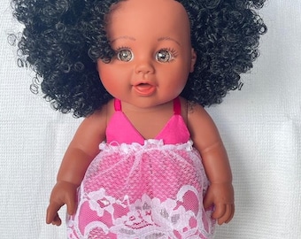 Black African Doll 30cm | Pink Lace Dress | Soft Toy for Girl | Melanin Doll | Christmas Birthday Gift