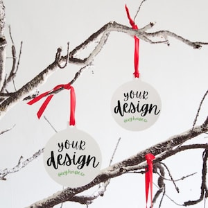 Metal Baubles Christmas Decoration Mock Up Photo / White Round Aluminium Metal Christmas Ornament / Bauble Disc Digital Mocked Up Photo