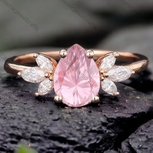 Vintage Pink Sapphire Bridal Ring Delicate Women Engagement Ring Art Deco Diamond Promise Ring Rose Gold Cluster Ring Statement Gift For Her