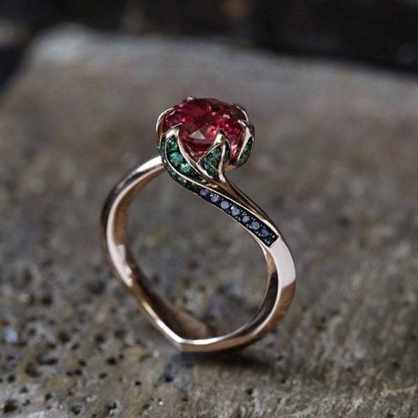 Ruby Women's Ring, Anniversary Present, Personalized Rings, July Birthstone Gift, 18k Solid Gold Engagement Ring, Red Ruby Floral Ring