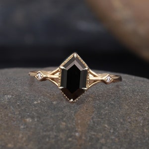 Retro Long Hexagon Black Onyx Ring, Yellow Gold Plated Elegant Wedding Jewelry, Delicate Promise Ring For Her, Art Deco Bridesmaid Gift