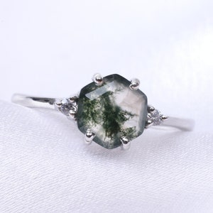 Hexagon Moss Agate Ring Art Deco Ring Dainty Ring Green Gemstone Ring Gift For Girlfriend 925 Sterling Silver Ring Wedding Ring Vintage Ring